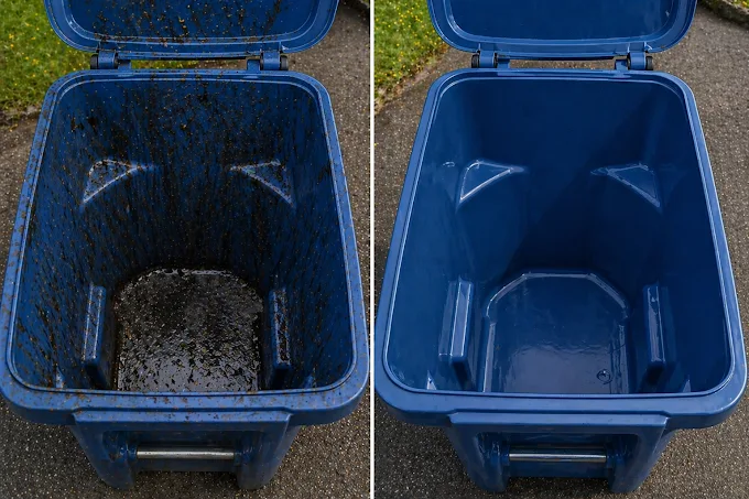 Inside of a dark blue trash bin before and after cleaning by Rad Cans, dirty on the left and clean on the right