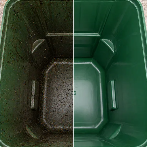 Green yard waste can interior before and after cleaning by Rad Cans