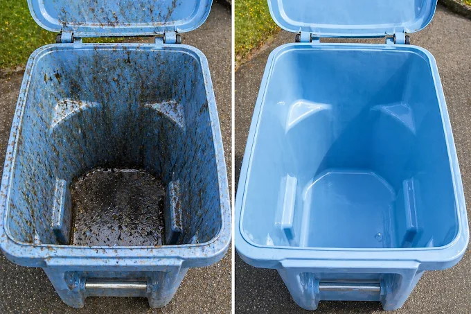 Inside of a light blue recycling bin before and after cleaning by Rad Cans, grime on the left and spotless on the right