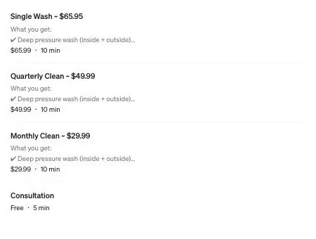 Rad Cans online booking page on Square showing the Monthly, Quarterly and Single Wash plans