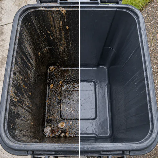 Inside of a black trash can before and after sanitizing by Rad Cans, grime on the left and clean on the right